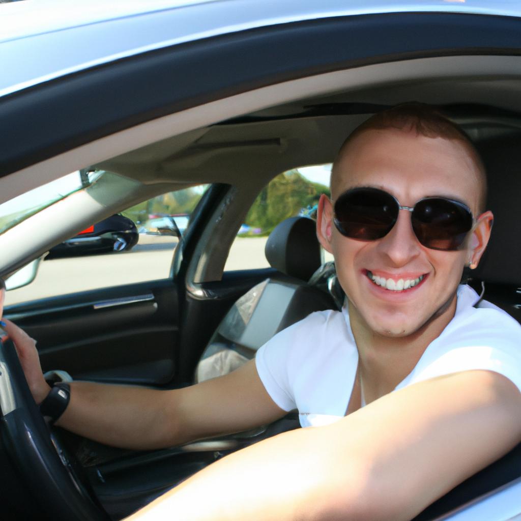 Person driving luxury car, smiling